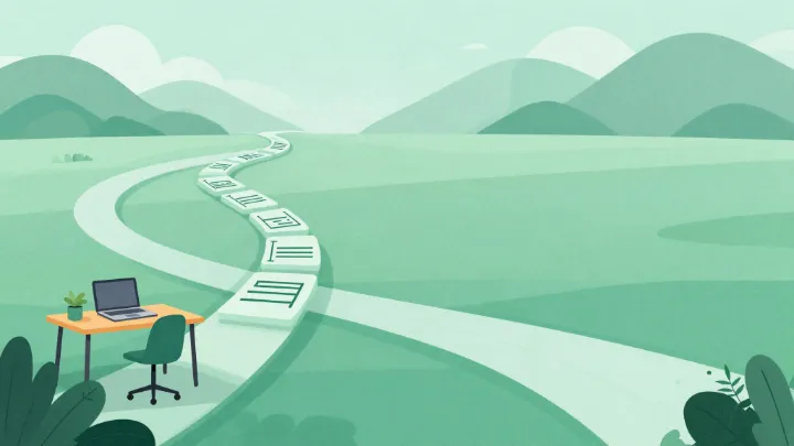 Ilustración: un camino que avanza desde un escritorio hacia las montañas