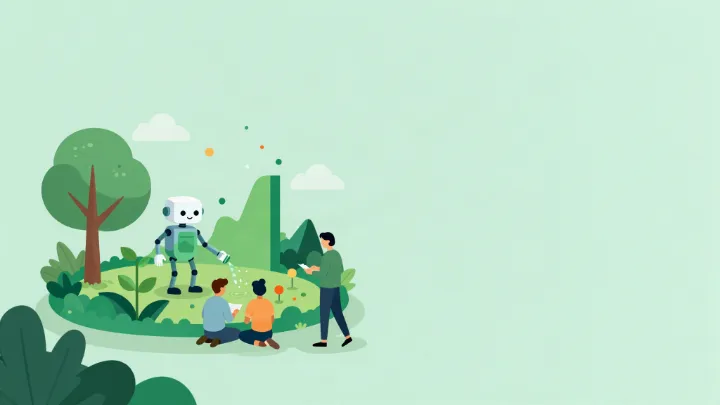 Ilustración: personas aprendiendo junto a un pequeño robot en un jardín